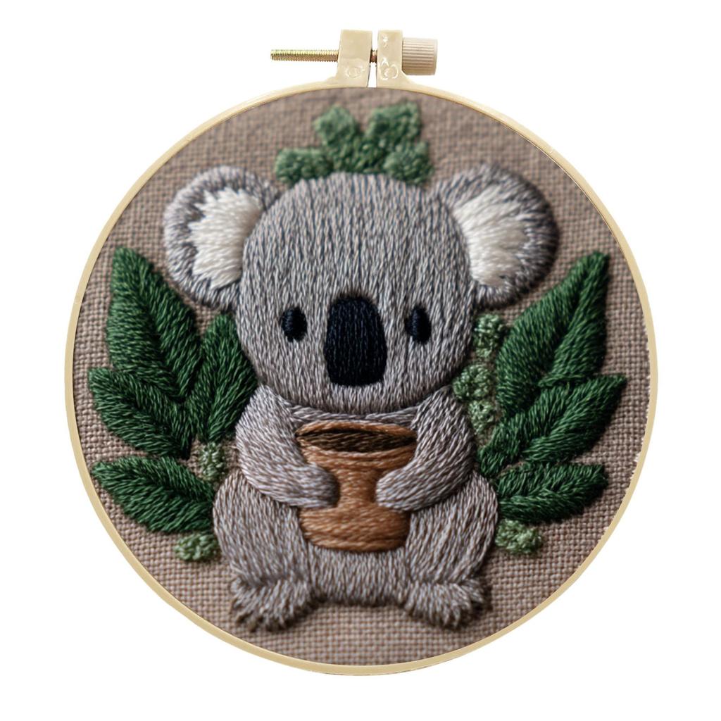 1 Stück Koala und Grünes Pflanzenmuster DIY Stickset für Anfänger