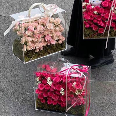 Stylish Square Acrylic Flower Holder With Convenient Handle Premium Flower Presentation Box For Gifts And Event