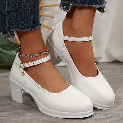 Women's White Chunky Heel Pumps Round Toe Ankle Strap Mary Jane Shoes for Women 2025 Elegant High Heels Office Shoes Plus Size