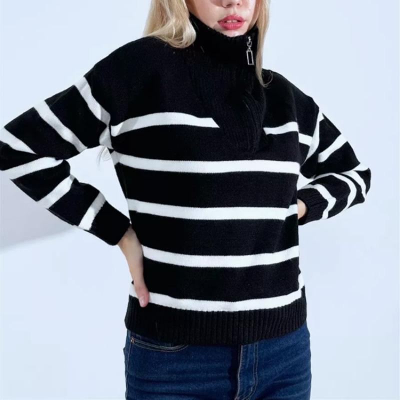 

Свободный и модный полосатый вязаный свитер на полумолнии, ленивый осенью и зимой, с лацканом, контрастного цвета, повседневный свитер, универсальный для улицы XL чёрный