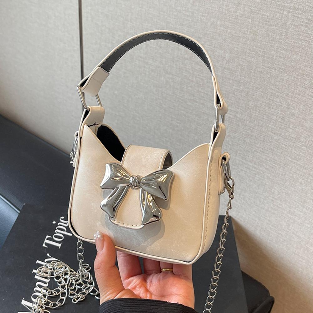 

Pu Leather Silver Bucket Bag Handbag Women s Shoulder Bag Simple Bow Buckle PU Bag Travel