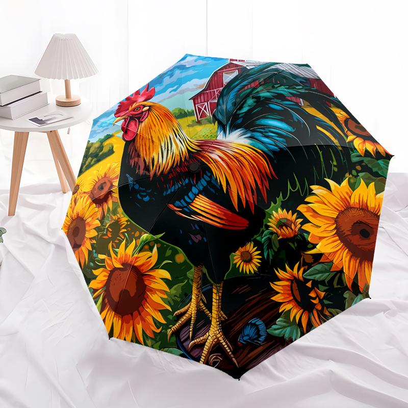 Rooster Theme Design Folding Umbrella-Fashionable Auto-Open Design 8 Iron Ribs Plastic Handle Foldable Sunshade,Perfect Gifts