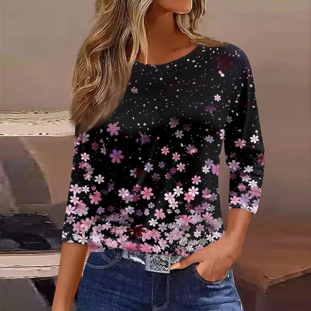 Women's Three-Quarter Sleeve Shirt, Round Neck, Loose Fit, Casual Shirt, Floral Print T-Shirt, Summer