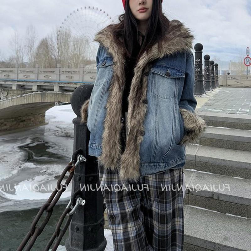 Womens Fuzzy Denim Jacket Elegant Style Loose Fit Slimming Outerwear