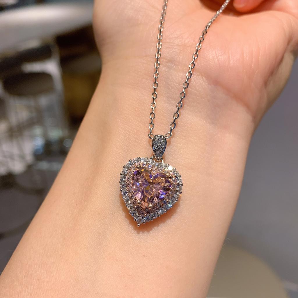 Tiktok Live Broadcast Cross Border Pink Love Necklace Heart Shaped Zircon Jewelry Three Piece Set Women's