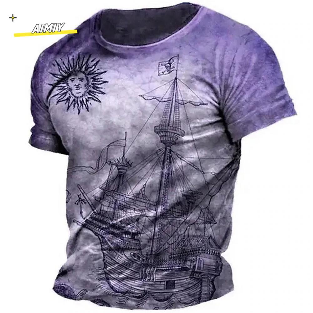 Vintage Summer Compass Pattern 3D Printed Short-sleeve Men's T-shirts Loose Daily Men Clothing Casual Streetwear