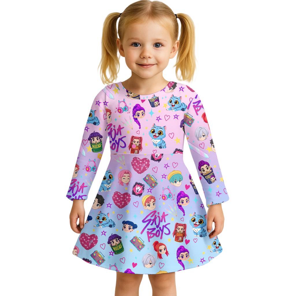 Kids Girls Casual Daily Dress Cute Cartoon Print Long Sleeves Dance Wear Princess Dress  2-12 Years