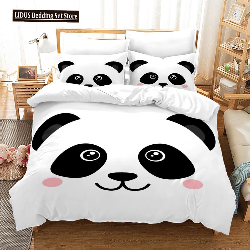 3D Panda Duvet Cover Set King Size Cute Panda Bamboo Bedding Set Black White Bear Polyester Quilt Cover For Boy Kid For Bedroom