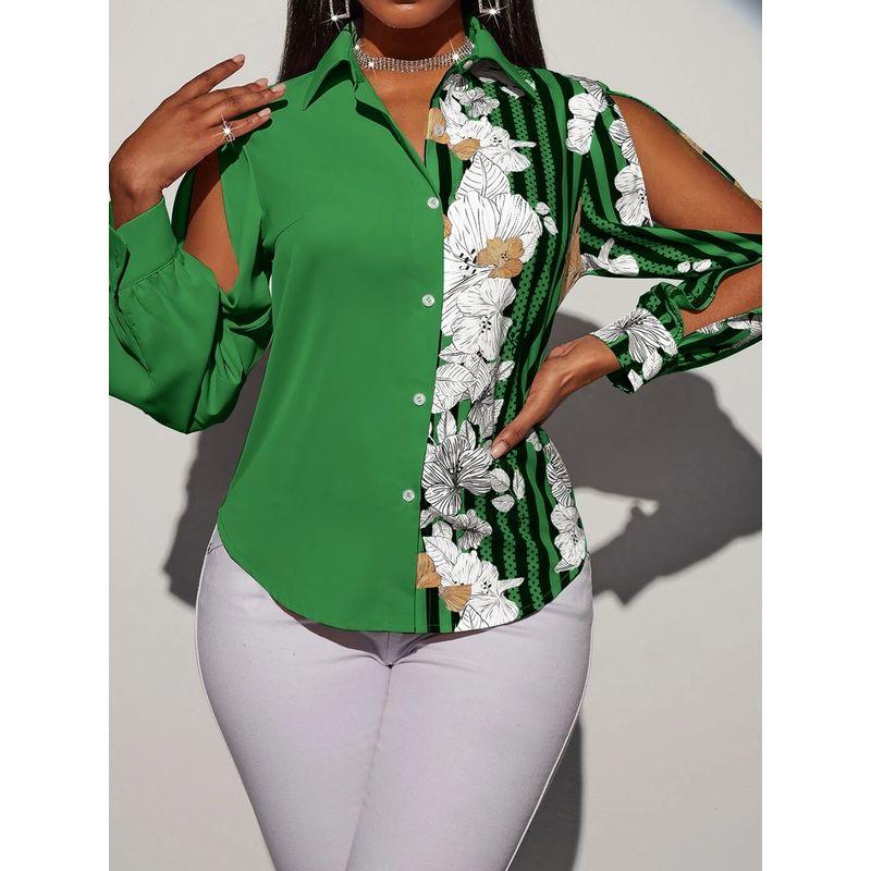 

Fashion Colorblock Print Cut Out Top Long Sleeve Shirt Green XL