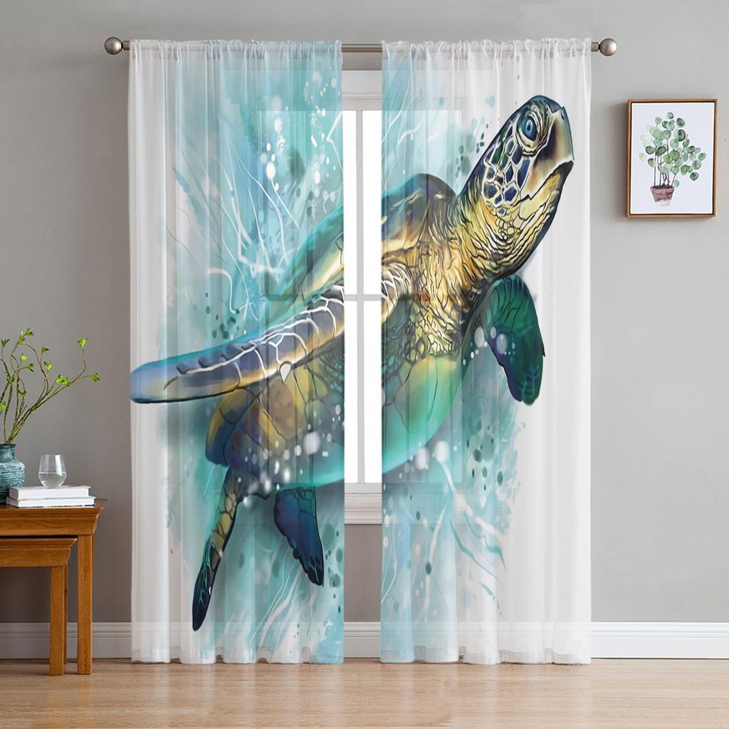 Blue Ocean Green Turtle Tulle Curtains For Living Room Bedroom Decoration Sheer Voile Window Curtains Party Drapes Panels