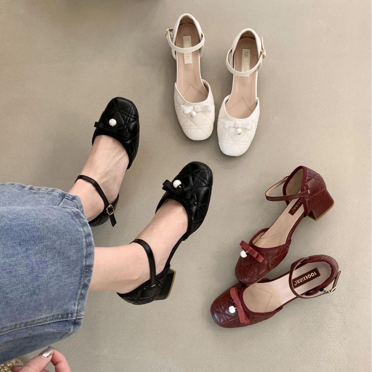 

2025 spring new round head one-word bow buckle thick high heel shallow mouth versatile Mary Jane commuter work women s shoes 39 красный