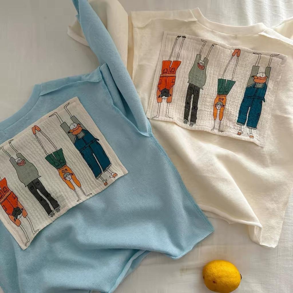 Kids Summer Lightweight Long Sleeve Ice Silk T Shirt with Soft Cartoon Applique for Boys and Girls