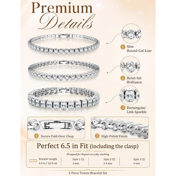 Sparkling 5A CZ Silver Tone Tennis Bracelets Stack for Women Jewelry