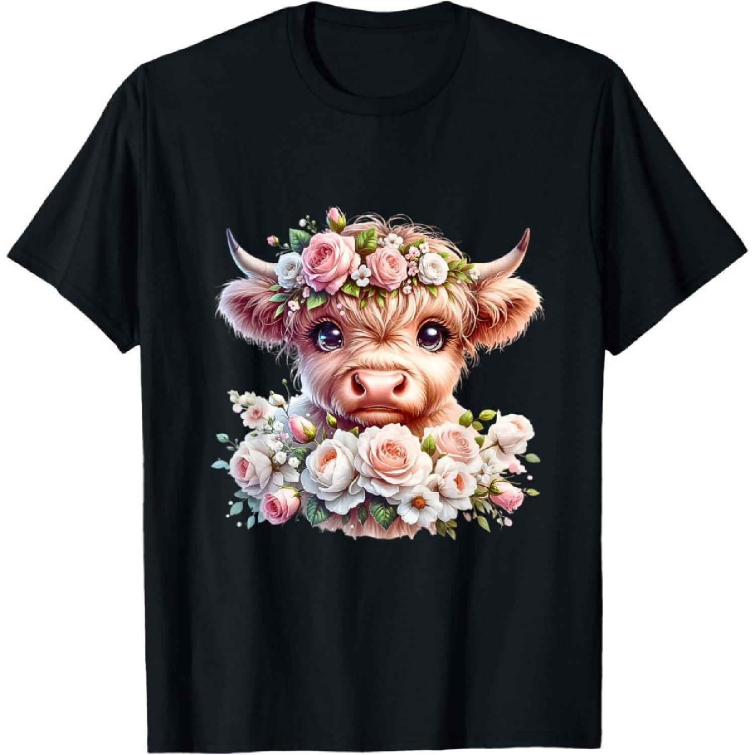 Cute Highland Cow With Roses Floral Scottish Farm Western T-Shirt S