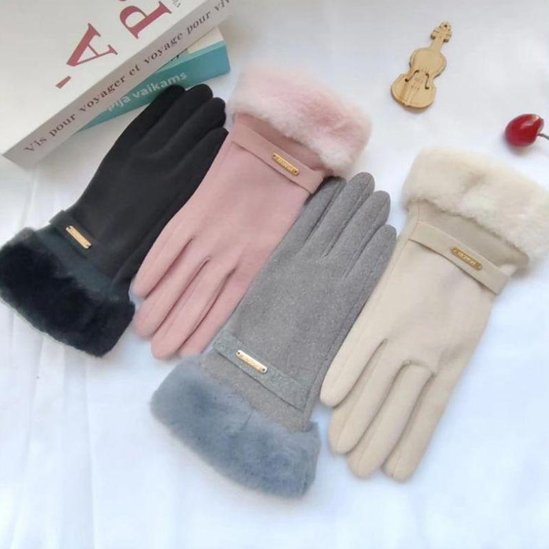 Autumn Winter Warm Suede Gloves Plus Velvet Thickened Plush Decor Cuff Gloves Outdoor Coldproof Touchscreen Riding Ski Gloves