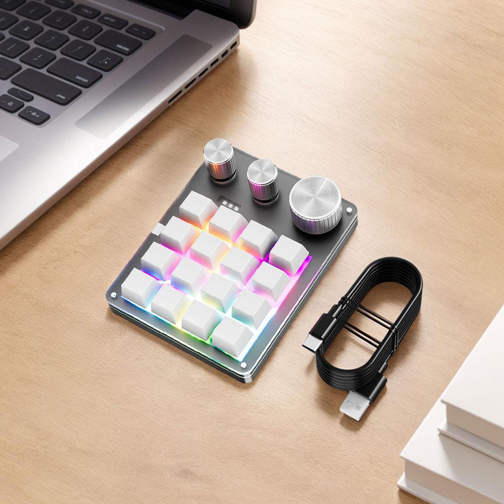 16 Keys Triple Knob One-Handed Keyboard Type-C Wired/Bluetooth-Compatible Programmable Macro Keyboard LED Backlight Mini Keypad