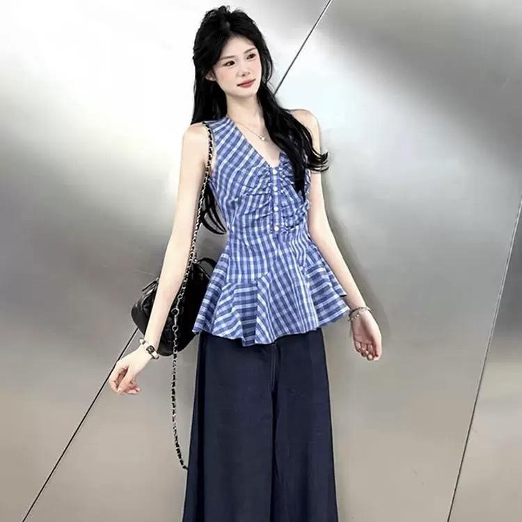 Korean retro blue plaid sleeveless neck sling vest women's summer new waist design niche top