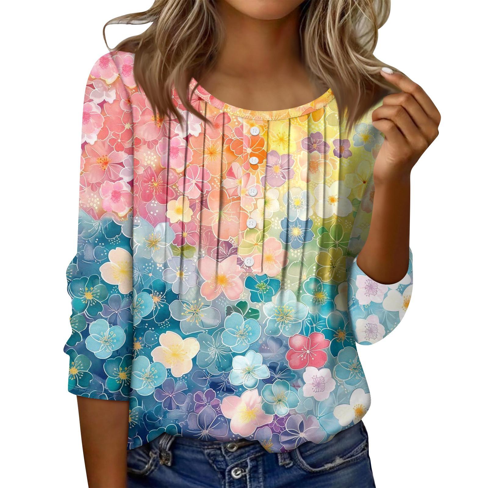 

Женский топ с круглым вырезом, декоративными пуговицами и полосками, повседневная футболка однотонного цвета с рукавом 3/4 L