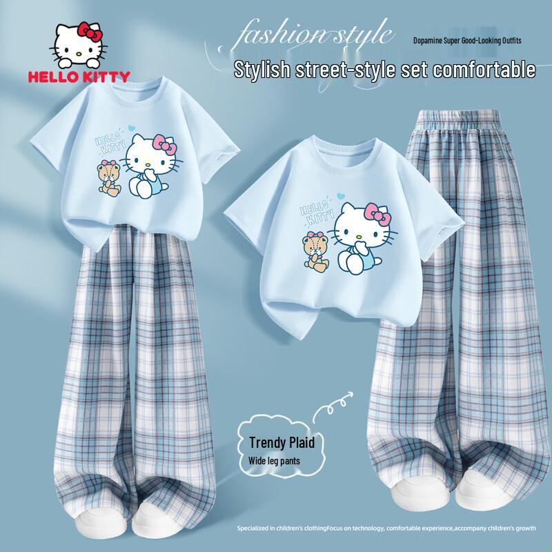Hello Kitty Girls 2026 New Korean Style Summer Wide-Leg Pants Set 140