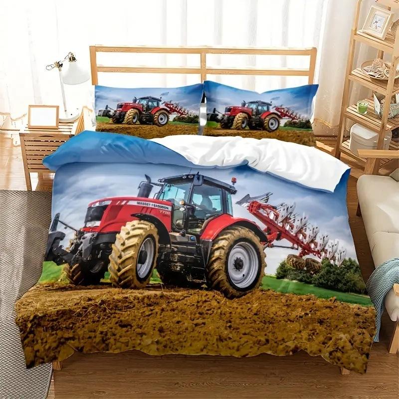 Tractor Pattern Quilt Cover Three-Piece Digital Printing Bedding Duvet Cover Kit