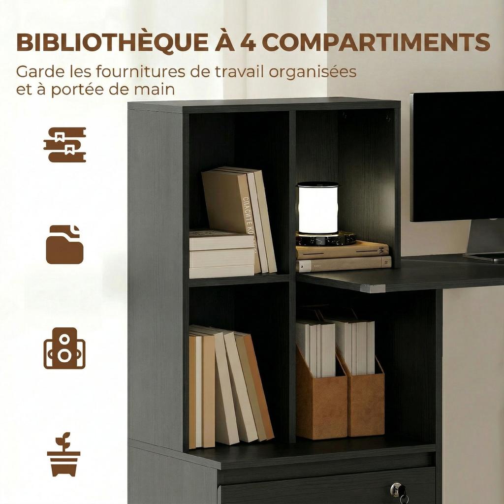 Computer Desk with 4-Compartment Bookcase, Lockable Drawer, 126 x 50 x 109 cm, Black