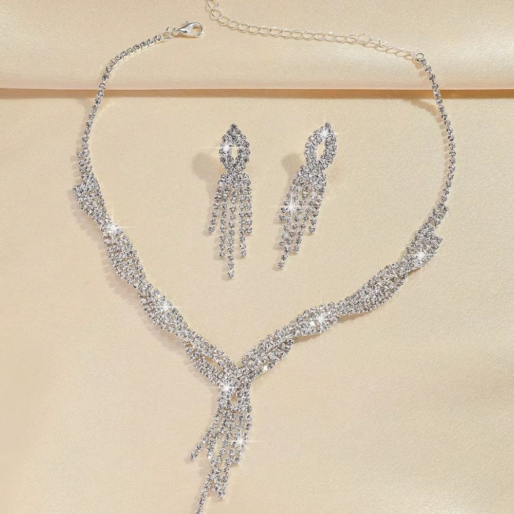 Rhinestone Tassel Wedding Bridal Accessories V-Necklace Rhinestone Jewelry Set  Wedding Party