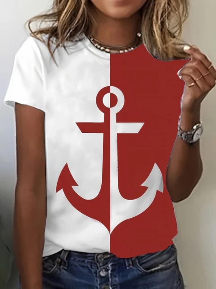 T-Shirt im neuen Stil für Frauen mit Anker-Print, Sommer-Übergröße, T-Shirts für Damenbekleidung, O-Ausschnitt, Damenmode, Übergröße