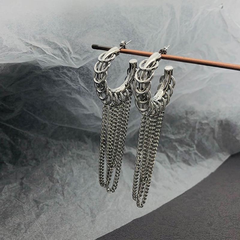 Punk Long Tassels Earrings Exaggerated Chain Ear Hooks for Women Man C-shape Hoop Earrings Ear Loop Fashion Ear Jewelry