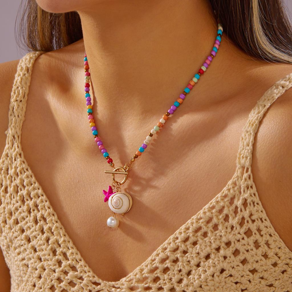 Bohemian Colorful Beaded Starfish OT Buckle Pendant Necklace for Women Imitation Pearl Conch Necklace Summer Party Jewelry