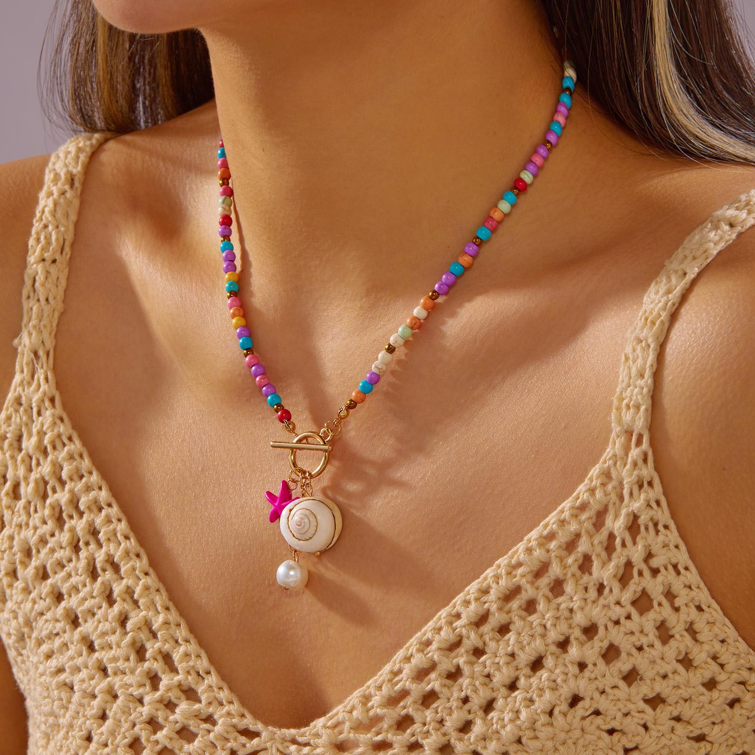 

Bohemian Sea-Inspired Conch Starfish Pendant Necklace for Women Synthetic Turquoise Beads Chain OT Buckle Necklace Beach Jewelry