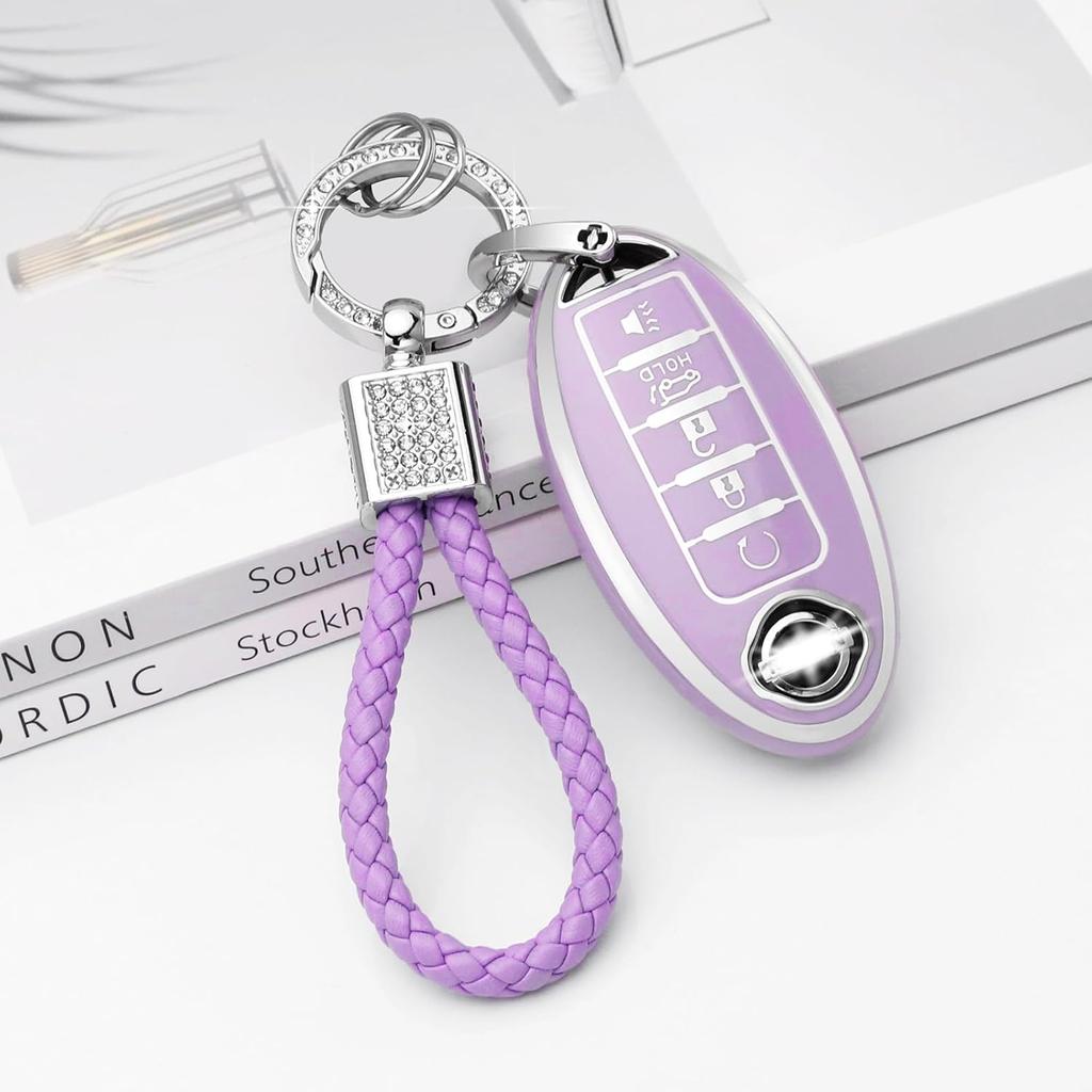 PIFOOG Key Fob Cover For Nissan 5 Button Purple With Bling Keychain Girly Car Keys Case Shell Full Covers Protector Accessories For Altima Sentra