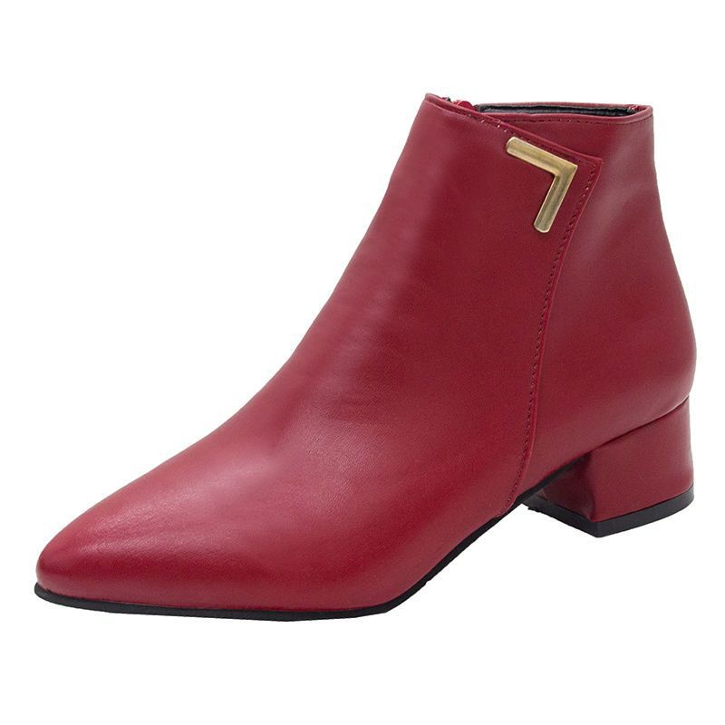 2025 Autumn and Winter New Pointed Toe Bare Boots Thick Heel Thin Leg Martin Boots Women's Velvet Low-top Versatile Women's Short Boots Large Size