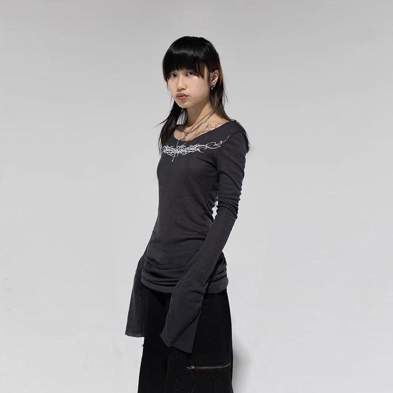 VAYLA Y2k Gothic Print T-shirt Trashy 2000s Style Long Sleeve Tops Vintage Harajuku Streetwear American Retro T-shirts