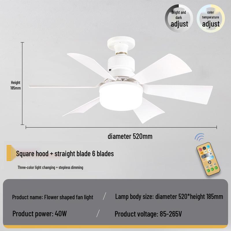 Six-Leaf Flower Pattern Ceiling Fan Light with Removable Blades, E27 Base, Ideal for Bedroom & Living Room.