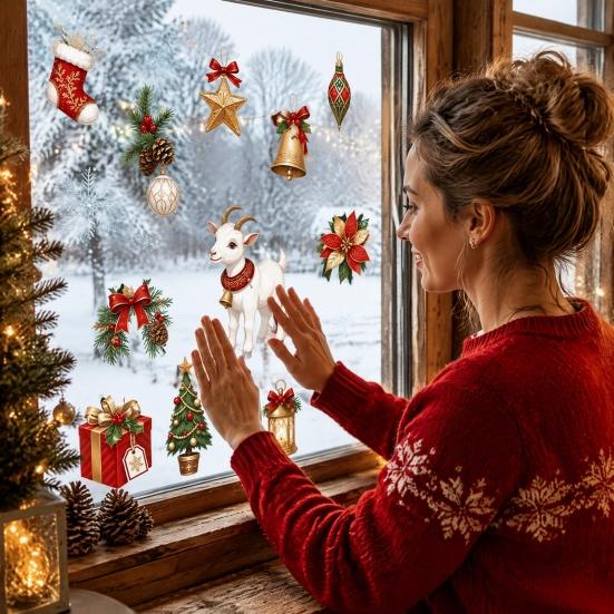 Christmas Window Clings Lamb Static Glass Stickers, Reusable PVC Cling, Holiday Tree Wall Decor Decals with Bells Snowflakes And Gifts for Festive
