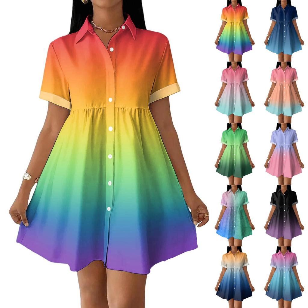 Women’s Casual Loose Shirt Dress Button Front Stand Collar Short Sleeve Gradient Print Relaxed Fit Tunic Dress for Daily Wear