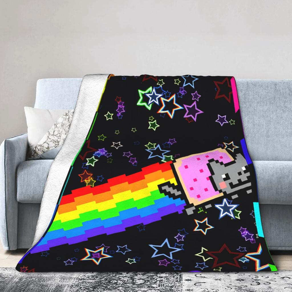 Cat Rainbow Pixel Space Nyan Super Warm Blankets Children Plush Throw Blanket Novelty Couch Chair Flannel Bedspread Sofa Bed