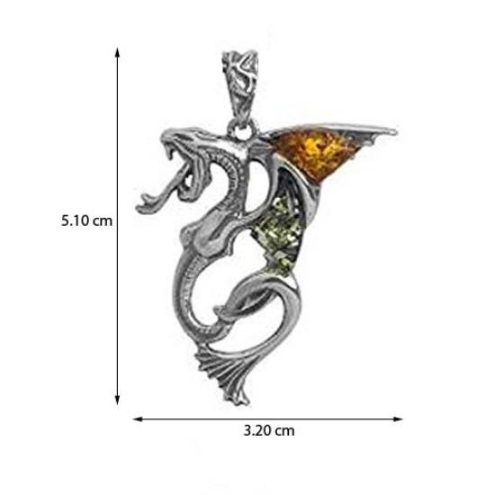 Multicolor Amber Sterling Silver Dragon Pendant Necklace Chain Length 46cm