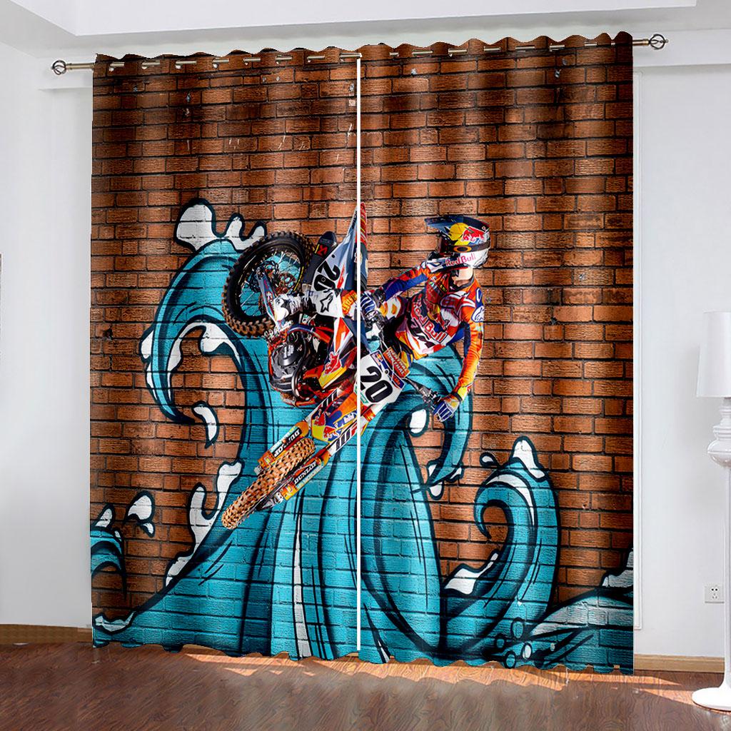 Cartoon Motorcycle Printing Woven Curtains Two Independent Curtains on The Left and Right Blackout Curtains for Bedrooms
