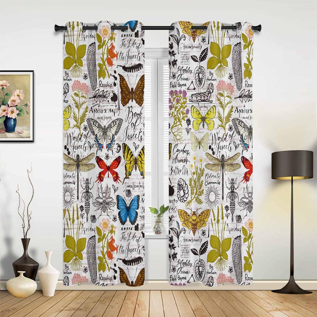 Insekten Blumen Pflanze Vintage Schmetterling Vorhänge für Schlafzimmer Wohnzimmer Vorhänge Küche Kinderzimmer Fenstervorhang Heimdeko
