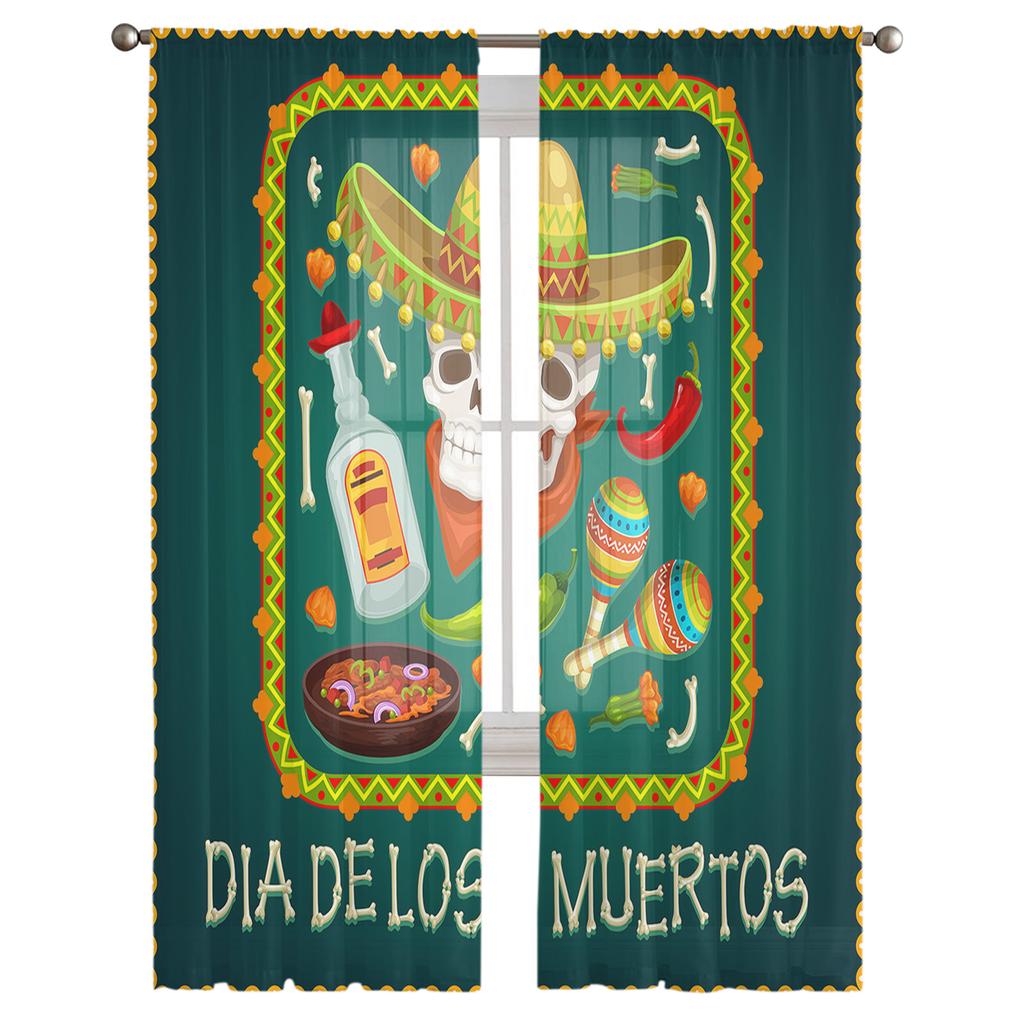 Mexican Festival Food Skull Sheer Curtains Window Tulle Curtains For Living Room Bedroom For Kitchen Veiling Curtains Decoration