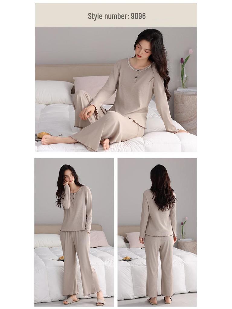 New Women's Grey Casual Modal Pajama Set - Long Sleeve Pullover with Chest Pads and Long Pants for Spring and Autumn