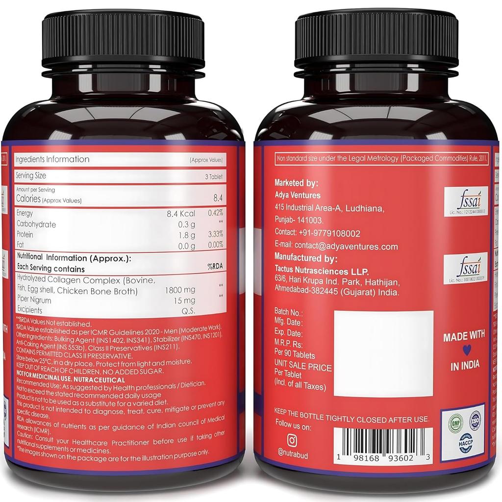 Nutrabud Multi Collagen Complex For Women Men 90 Tablets Hydrolyzed Peptides With Types I II III V X For Skin Hair Joints