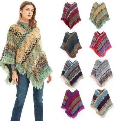 Womens Ethnic  Retro Sassel Head Cape Thick Color Striped Shawl Scarf