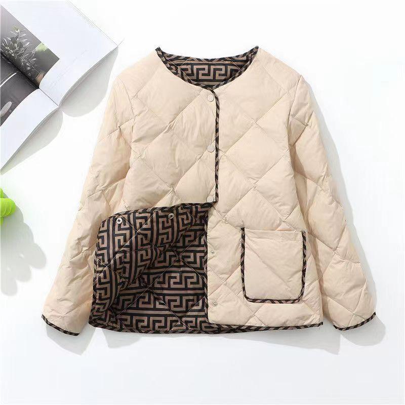 Kurze Baumwolljacke für Damen, Retro Rundhalsausschnitt, Herbst und Winter, Klassisches Karomuster