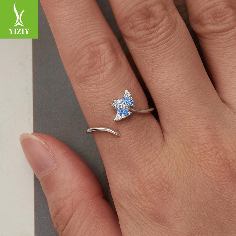 S925 Sterling Silver Blue Devil Fish Open Ring, Personalized Creative Silver Ring Jewelry