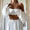 women's Ruffle Lace Trim Square Neck Cropped Top Long Puff Sleeve Tie Back Blouse Shirt