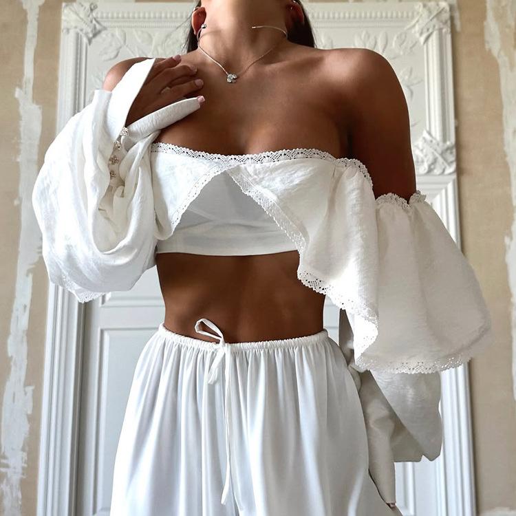women's Ruffle Lace Trim Square Neck Cropped Top Long Puff Sleeve Tie Back Blouse Shirt