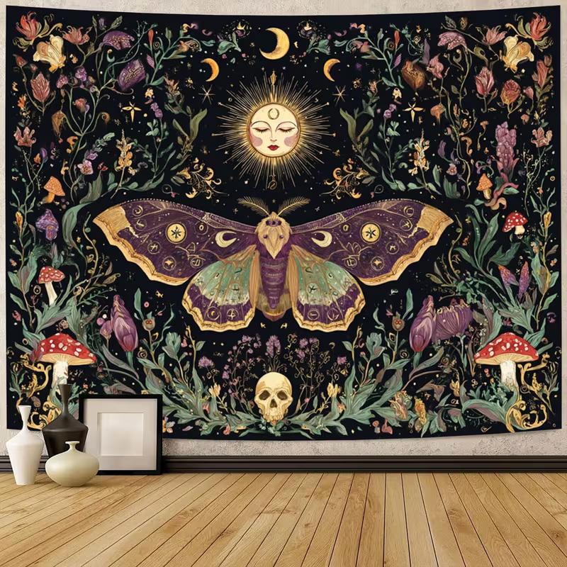 2D Boho Celestial Wall Hanging - Floral Moon Moth & Witchy Background Cloth 47.2x31.5inch/120*80cm
