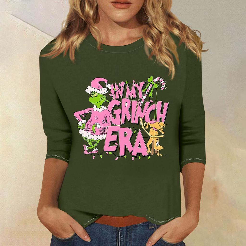 3/4 Sleeve Tops For Women T-Shirt Casual Christmas Print Tops T Shirt Round Neck Pullover Blouse